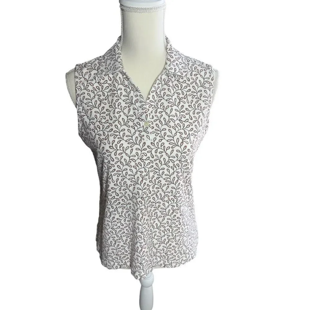 EP Pro Tour Dry Women's Sleeveless Polo Shirt - White with Taupe Print - Size M - Picture 1 of 7